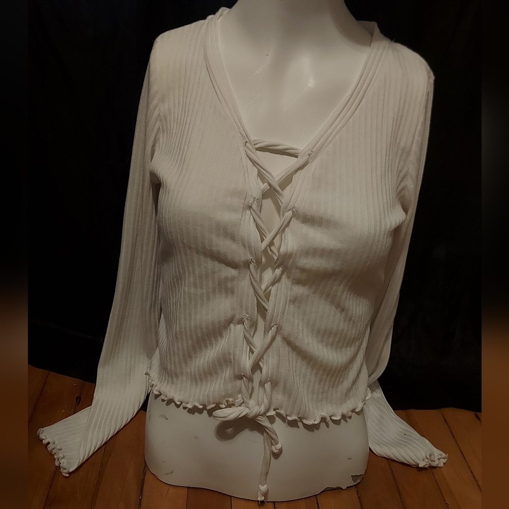 Heart & Hips Cream Lace-Up Ribbed Top - Picture 6 of 6